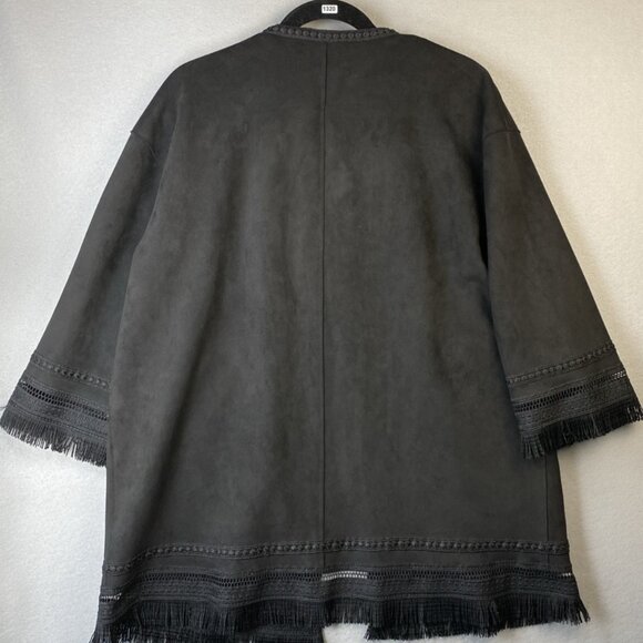 Zara‎ Faux Suede Jacket Women's Medium Black Lace Trim Boho Open Front Oversized - Picture 10 of 13